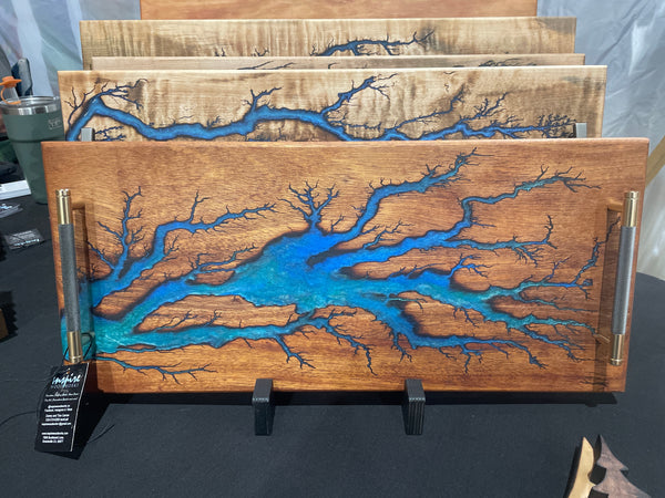 Mahogany Green Blue Fractal Burned Serving Tray #T02