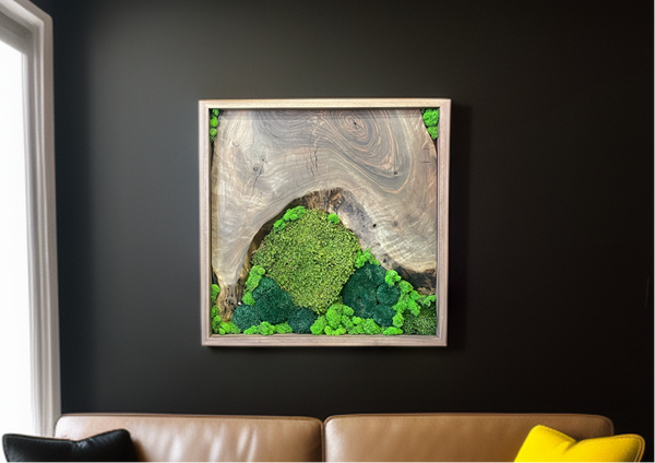 A square framed wall art piece featuring a natural wood slab with bright green moss accents, displayed on a dark charcoal wall above a tan leather sofa with a yellow pillow.
