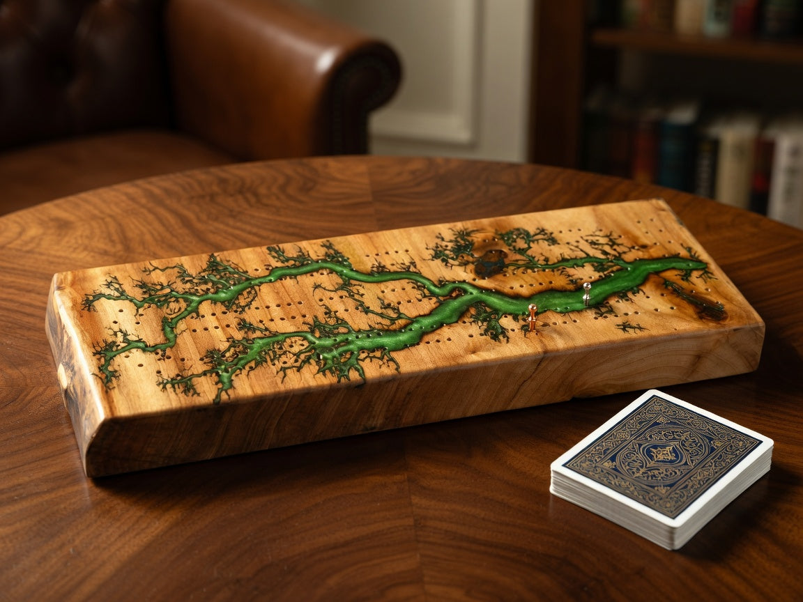 A wooden cribbage game board with a green river design and a deck of playing cards placed beside it on a polished wooden table, with a blurred indoor background.