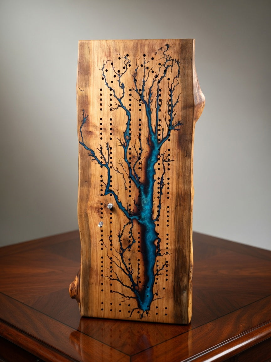 Fractal burned cribbage board live edge, wood blue resin