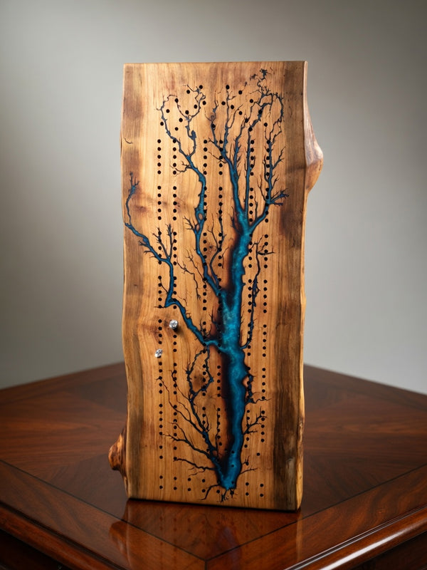 Fractal burned cribbage board live edge, wood blue resin