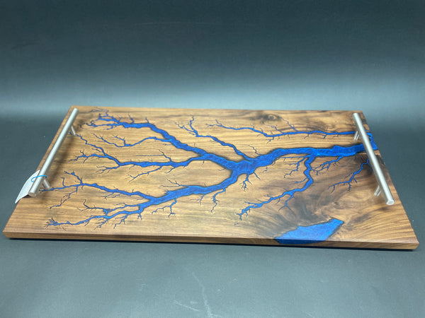 Walnut Blue Fractal Burned Serving Tray