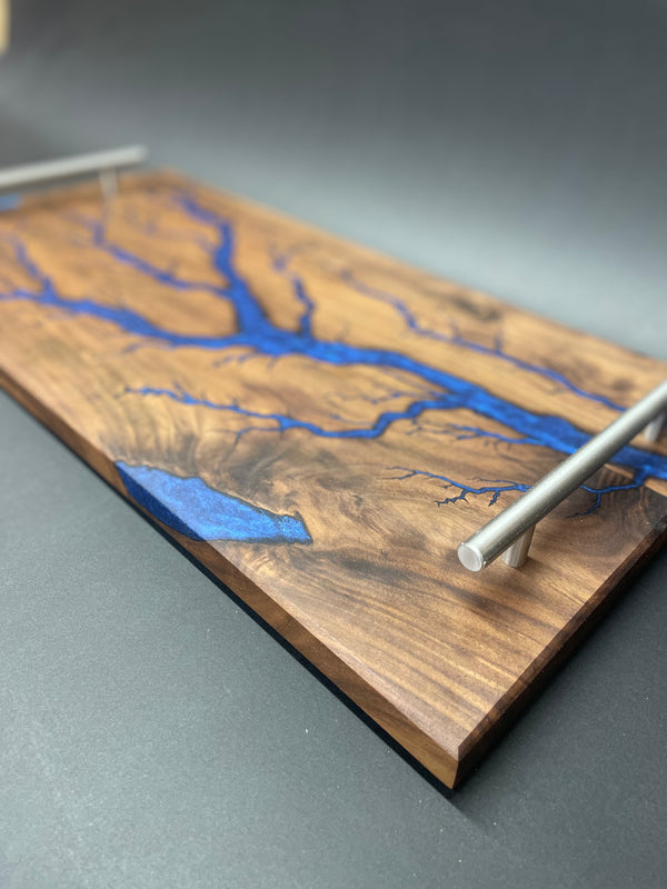 Walnut Blue Fractal Burned Serving Tray